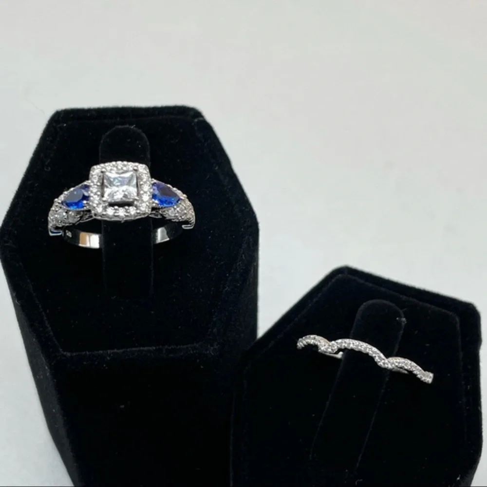 925 Sterling Silver‎ Diamond Sapphire 2 Band Wedding Bridal Engagement Ri…